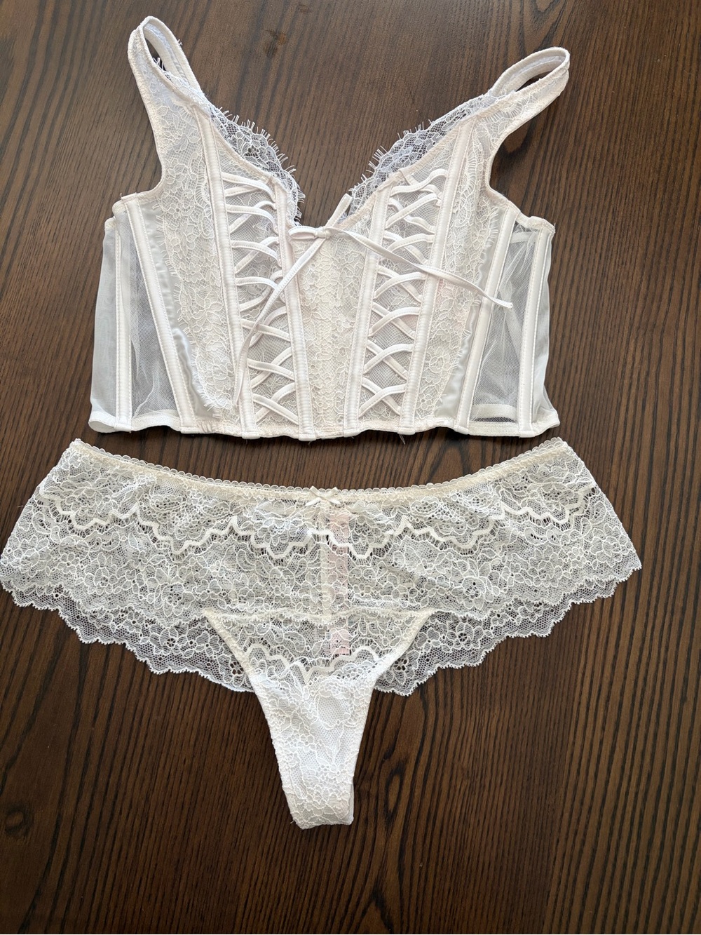 Victoria's Secret Ivory Lace Longline Bustier & Lace Thong Set